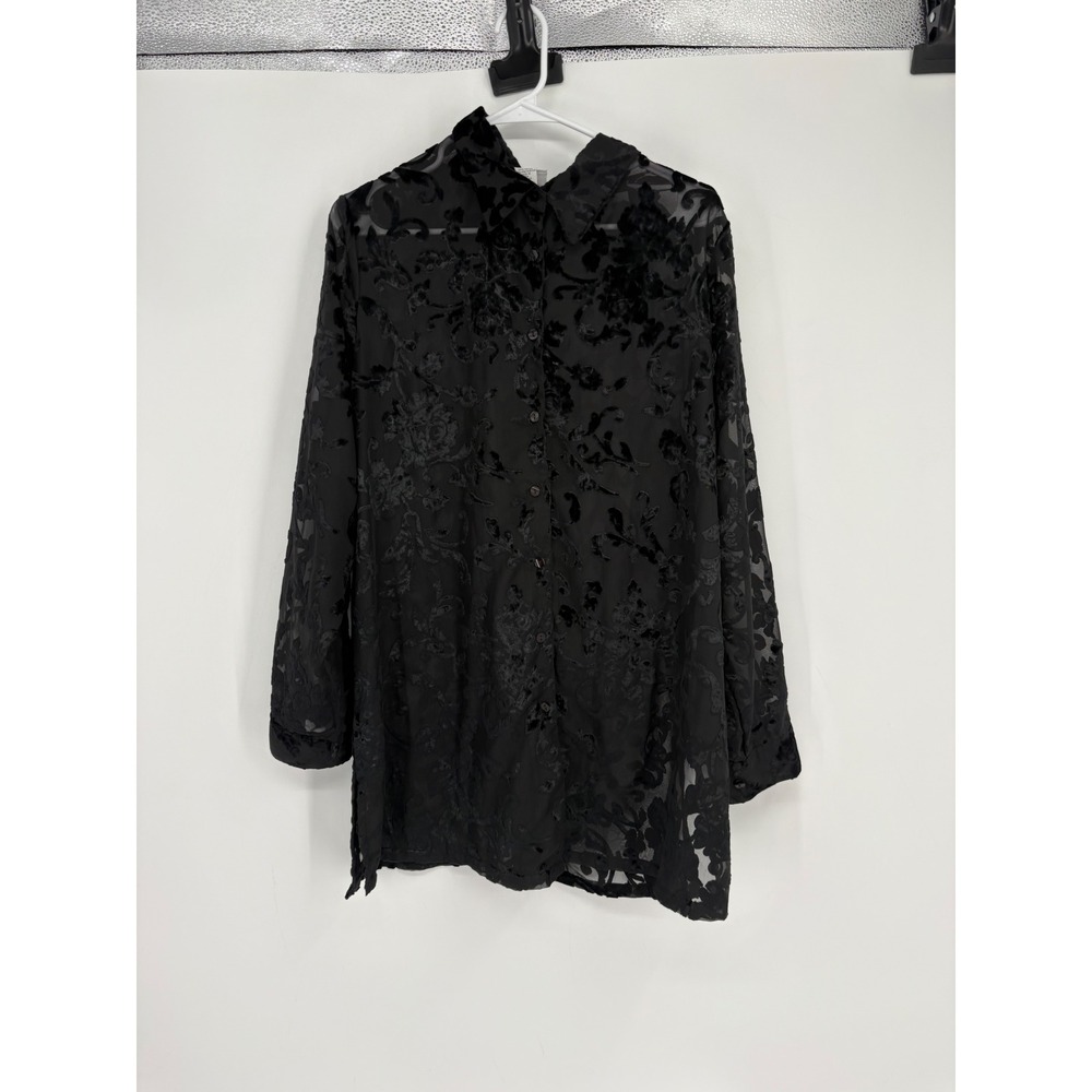 Avenue Shirt Womens 14/16 Black Burnout Velvet Floral Sheer Blouse Tunic Gothic